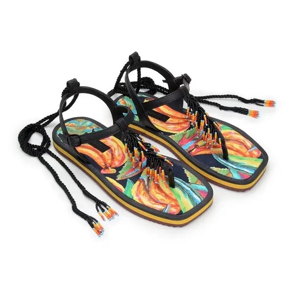 FARM RIO Beaded Pietra Flat Sandal In Black Banana Size 7 - Picture 2 of 11